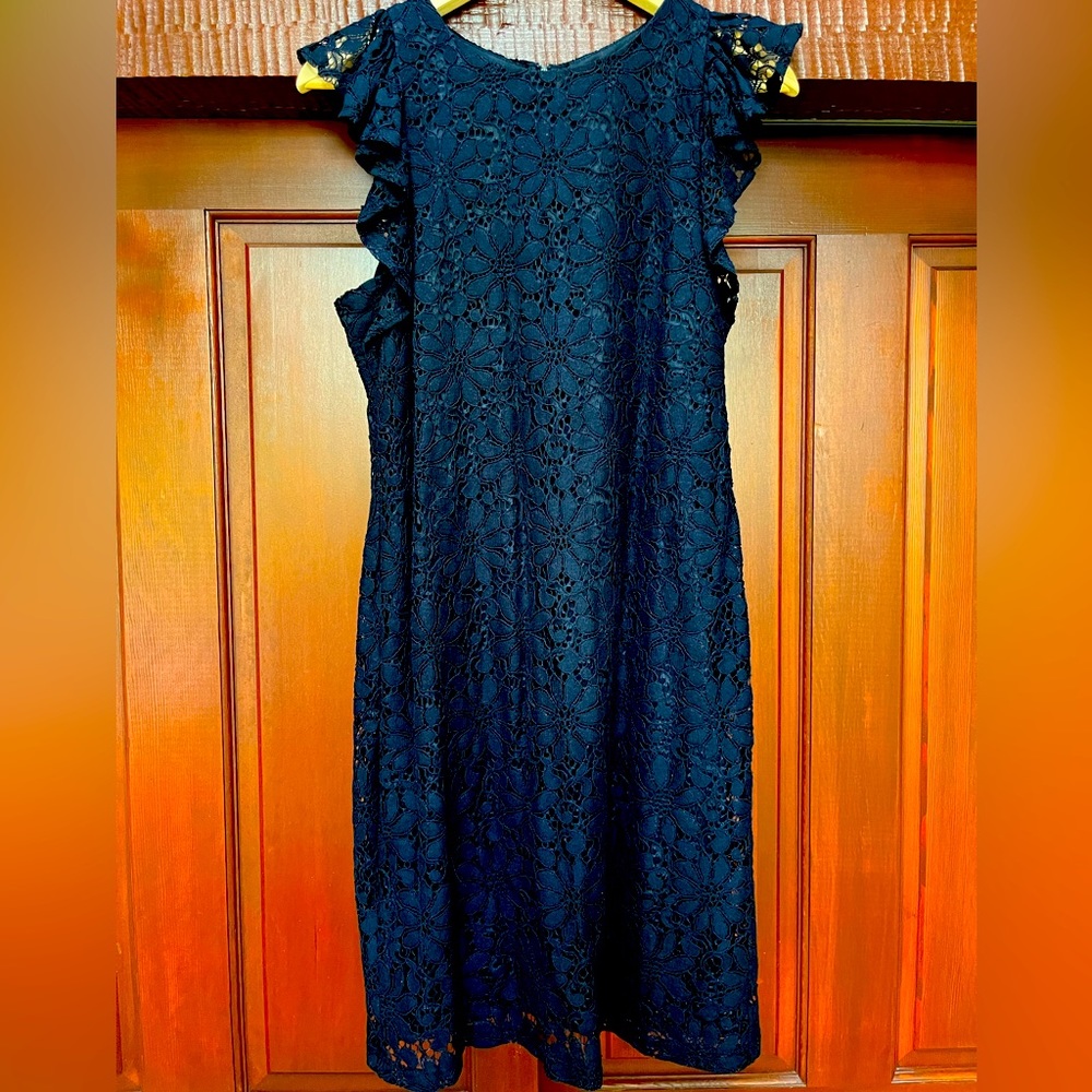 London Times navy lace midi dress.